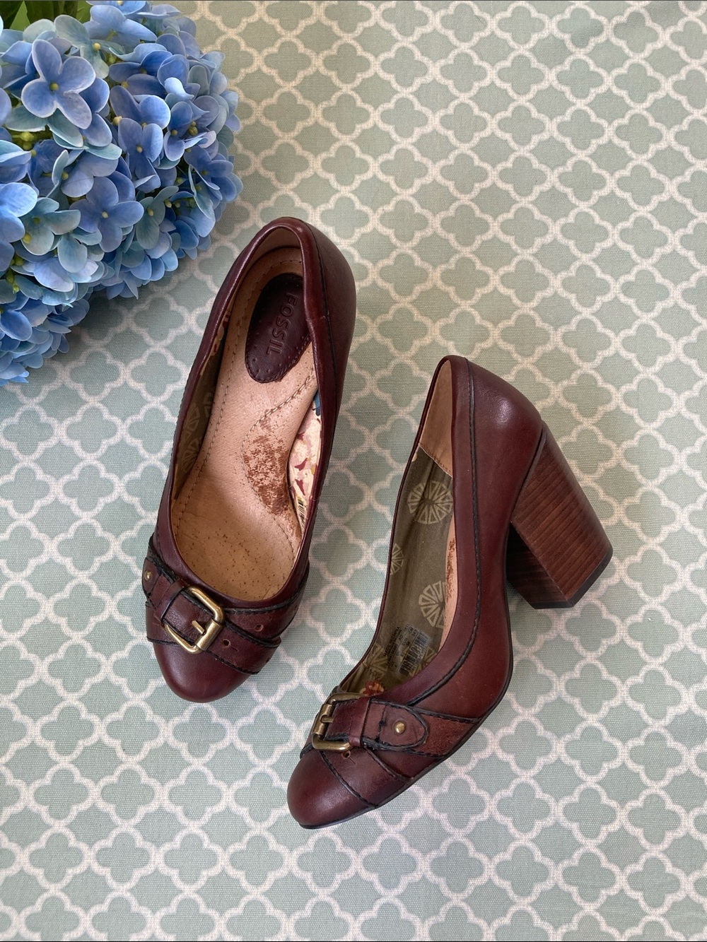 Fossil Brown Leather Chunky Buckle Toe Heels 8